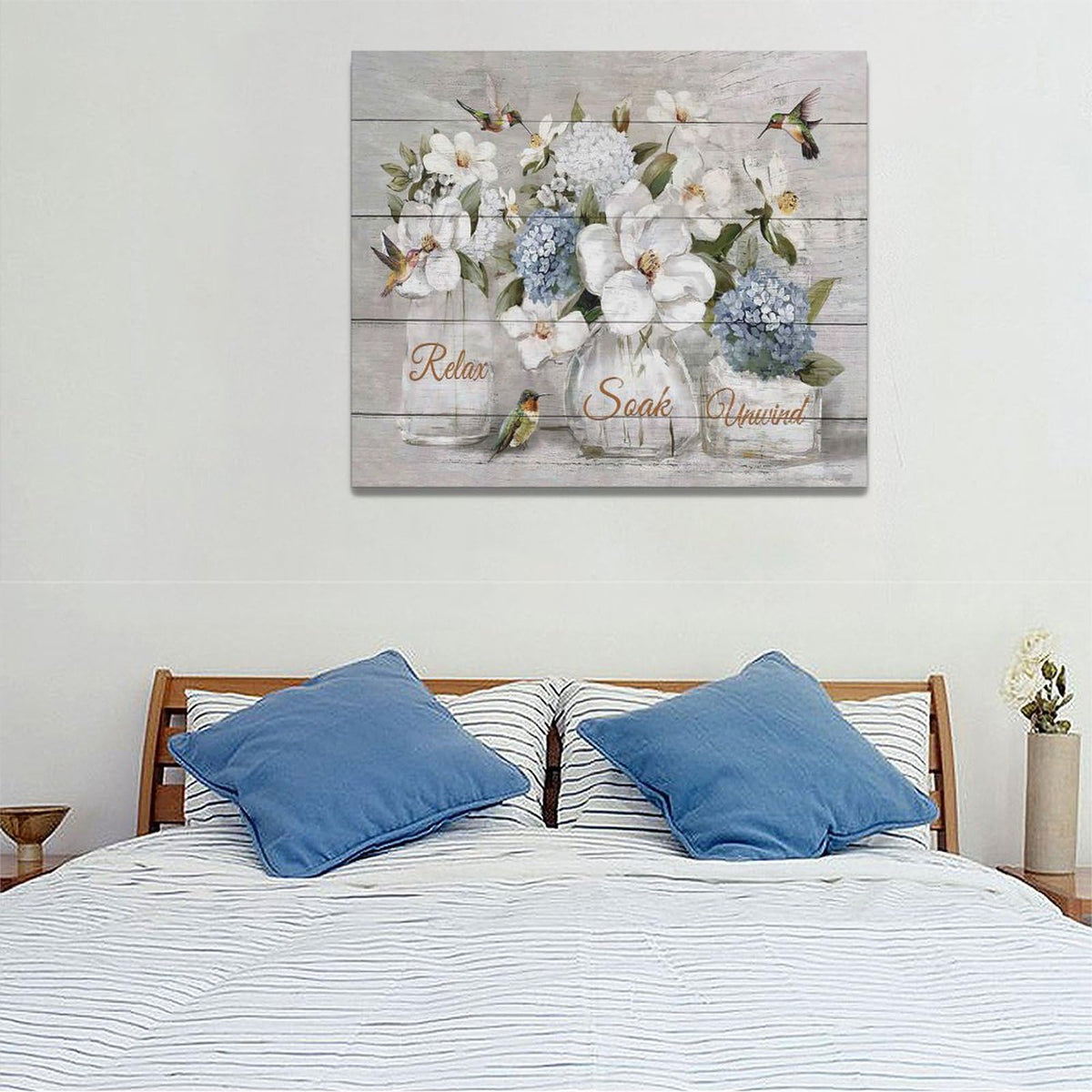 Farmhouse Flower Bathroom Decor Wall Art Rustic Hummingbird White Floral Pictures Wall Decor Relax Soak Unwind Bathroom Sign Canvas Painting Prints Artwork Home Decorations Framed for Bedroom 24"x20" (White Flower / 24"L x 20"W)