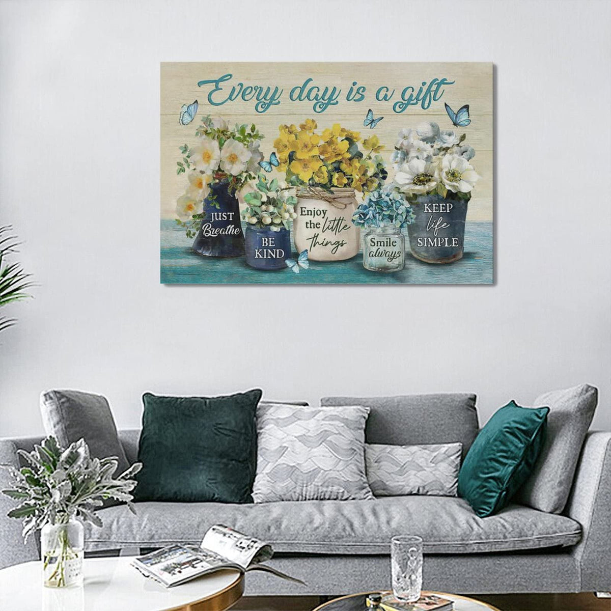 Farmhouse Bathroom Flower Decor Wall Art Every Day Is A Gift Butterfly Floral Inspirational Quotes Pictures Wall Decor Canvas Painting Prints Artwork Home Decorations Framed for Bedroom 24"x16" (Yellow Flower / 24"L x 16"W)