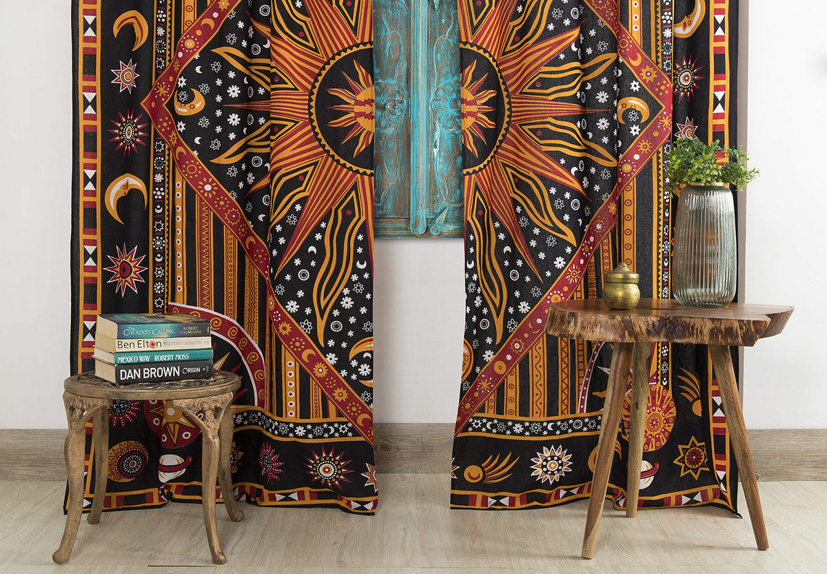 Indian Burning Sun Hippie Mandala Window Curtains (84"W x 100"L (Pack of 2) / Golden Black)