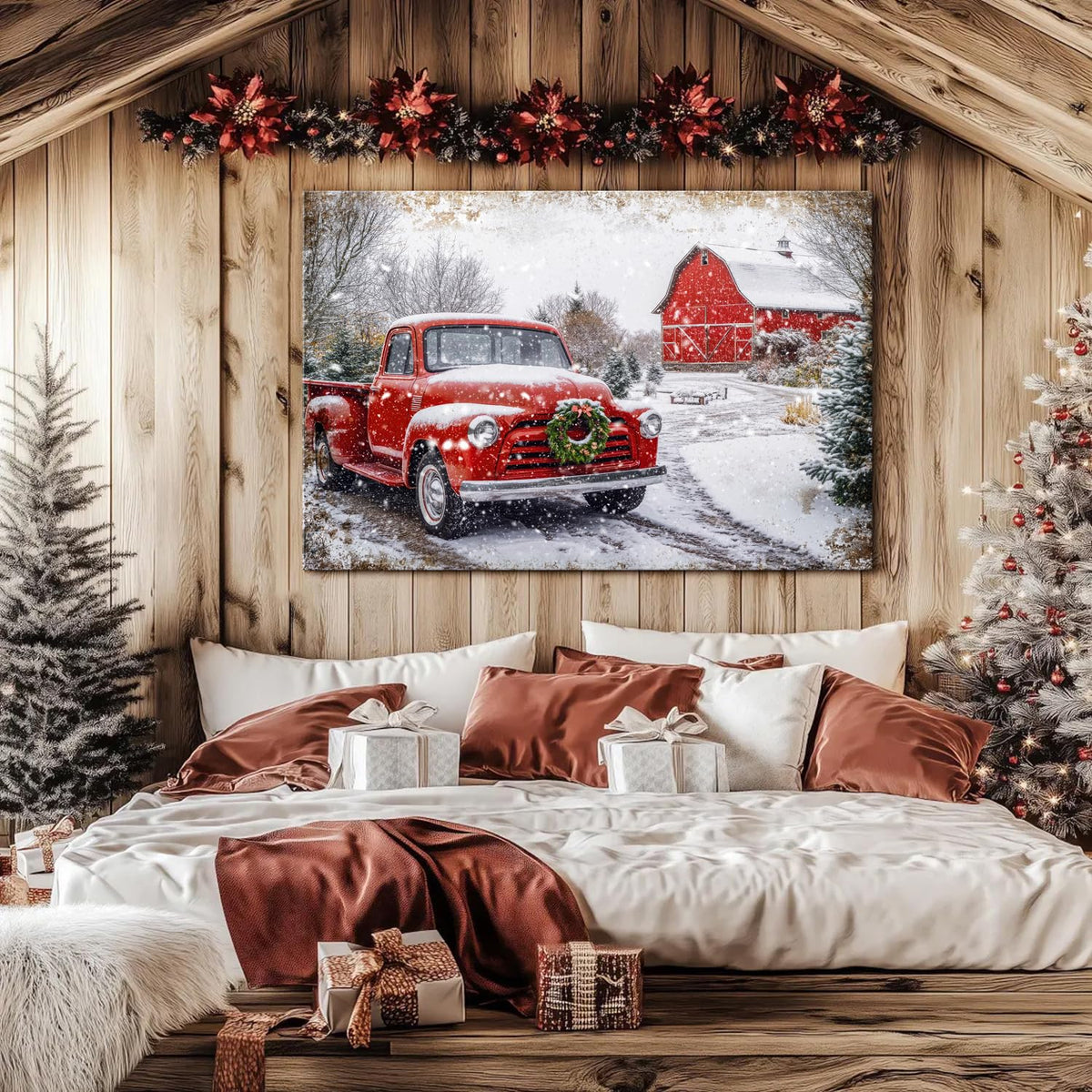 Farmhouse Barn Wall Art Vintage Christmas Wall Decor for Kitchen Rustic Red Truck Prints Country Old Car Picture Winter Scenery Painting Artwork Dining Room Woodland Natural Home Decoration 32x48" (48"L x 32"W / Truck)