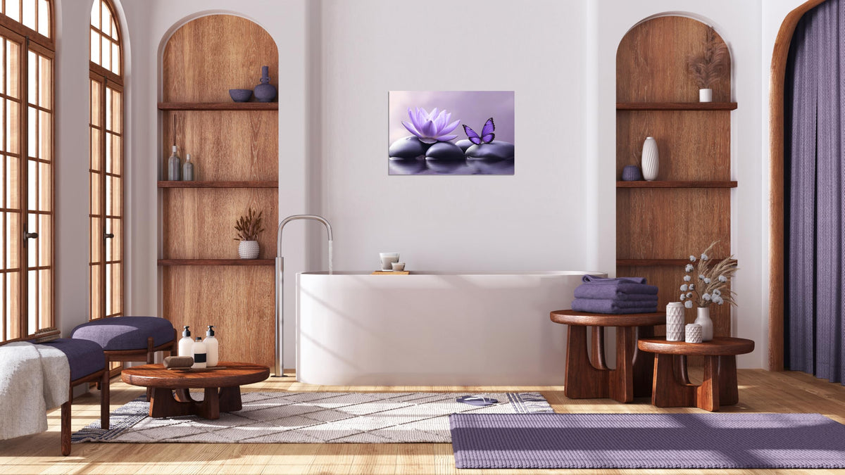 1 Panel Purple Canvas Wall Art Purple Pictures Spa Stone with Water Lily Butterfly on the Water Pictures Poster Zen Wall Art for Living Room Bedroom Ready to Hang (18"L x 12"W / Purple Zen 2)