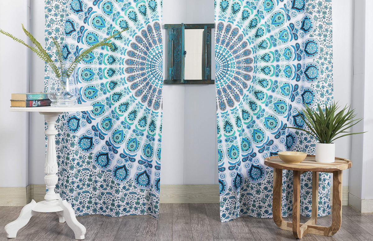 Indian Hippie Bohemian Beautiful Peacock Mandala Curtain Panels White Blue (White Blue Teal Green / 25"W x 74"L (Pack of 2))