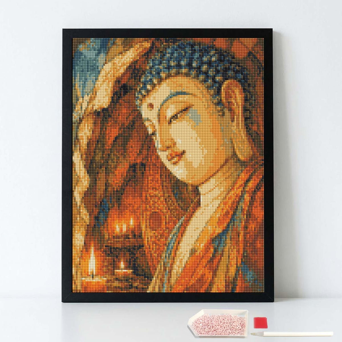 Buddha Statue in CAVE Candlelight Buddhism Diamond Painting Kit with Frame Full Square Drill DIY Bar Cafe Cave Home Room Wall Bathroom Porch Patio Decor Gift (BUDDHA STATUE IN CAVE CANDLELIGHT - 16 x 12 Inch Framed)