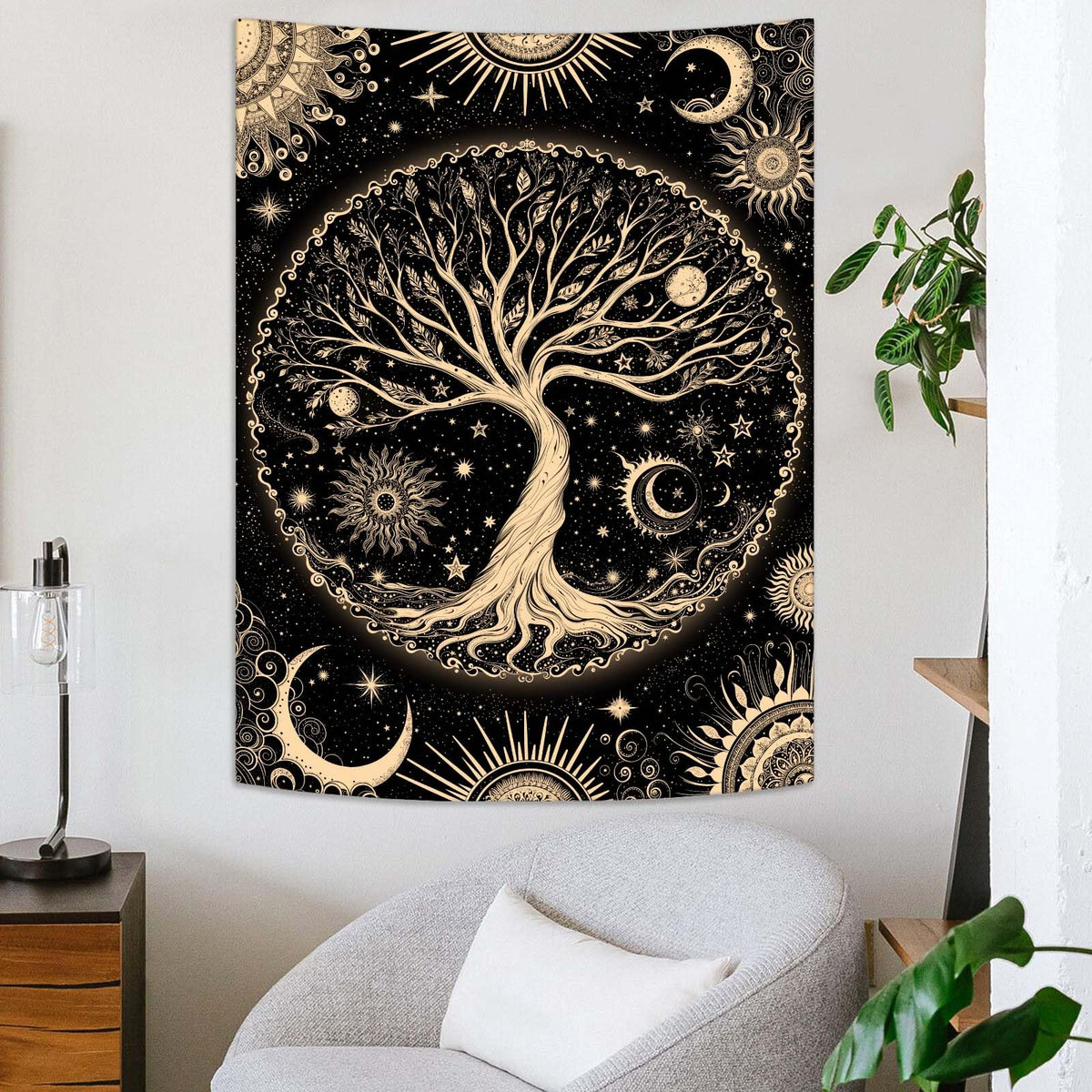 Tree of Life Tapestry Starry Sky Wall Tapestry (Golden Black / 60"L x 44"W)