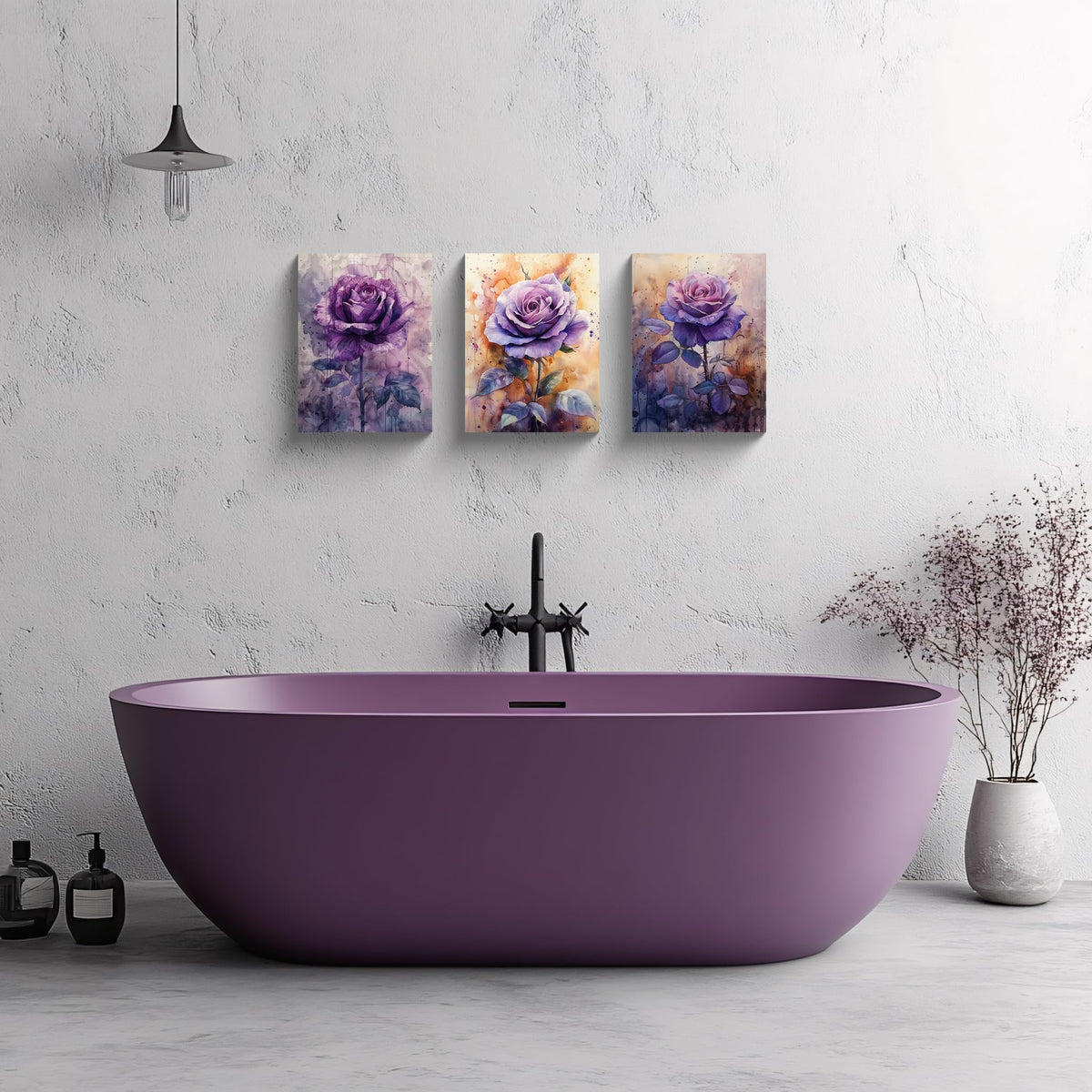 3PCS Purple Rose Watercolor Canvas Wall Art Floral Botanical Violet Rose Flower Bloom Romantic Modern Home Decor for Bedroom Living Room Bathroom or Office Artistic Garden Style Wall Deco (12 x 16 inches (3-Piece Set) / Purple Rose-2)