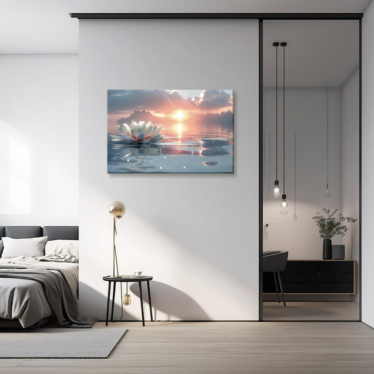 Zen White Lotus Wall Art Sunrise Meditation Canvas Wall Decor Spa Yoga Still Life Painting Prints Relaxing Spiritual Just Breathe Aesthetic Posters Pictures Modern Spiritual Inspiration Framed (12"L x 16"W / Canvas)