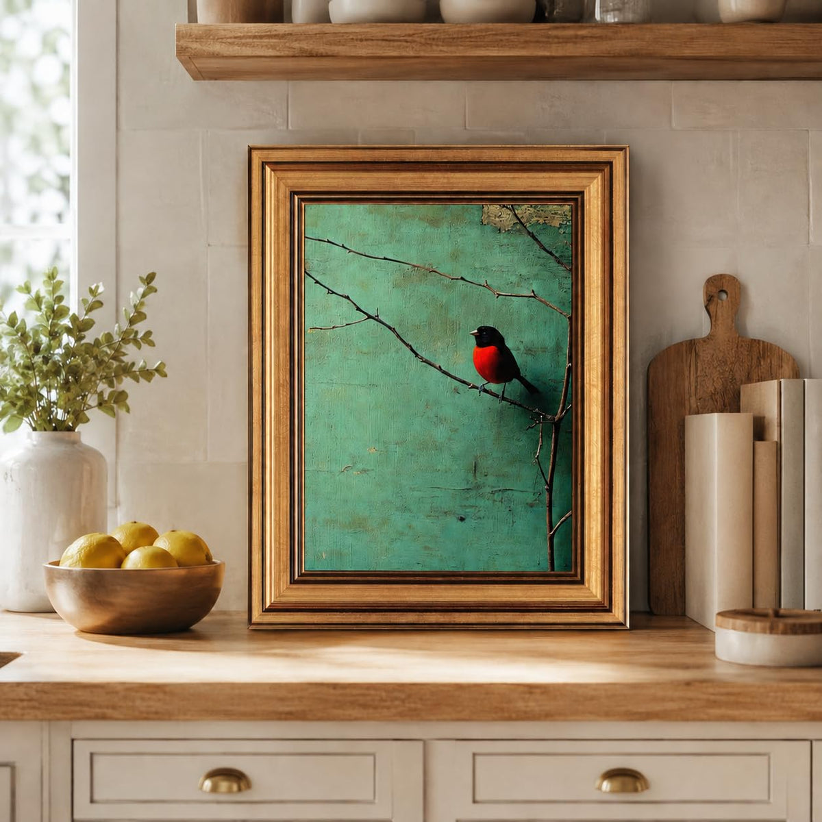 Red Bellied Bird Canvas Wall Art Framed Blue Green Sparrow Crow Decor Picture Vintage Rural Pastoral Bird Bedroom Living Poster Prints for Study Office Corridor Room Home Decoration (bird / 16"L x 12"W)