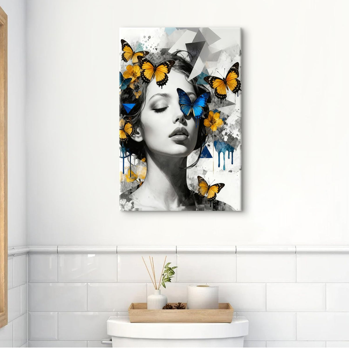 Women Portrait Wall Art Blue Yellow Butterfly Paintings Picture Abstract Black and White Women Wall Decor Aesthetic Minimalist Canvas Prints Artwork for Bedroom Bathroom Spa Home Decorations 16x24" (24"L x 16"W / Women)