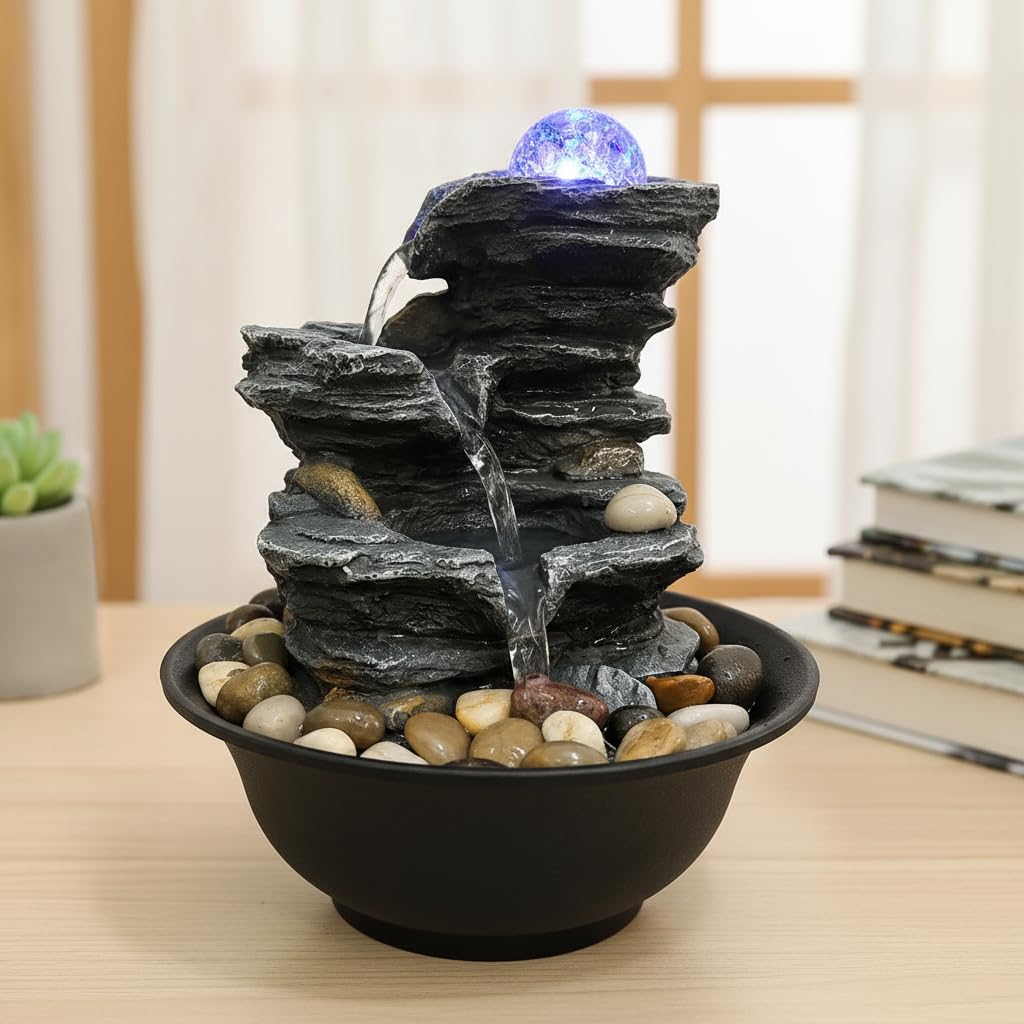 Tabletop Water Fountain Indoor Waterfalls Fountains with Colored LED Light (C)