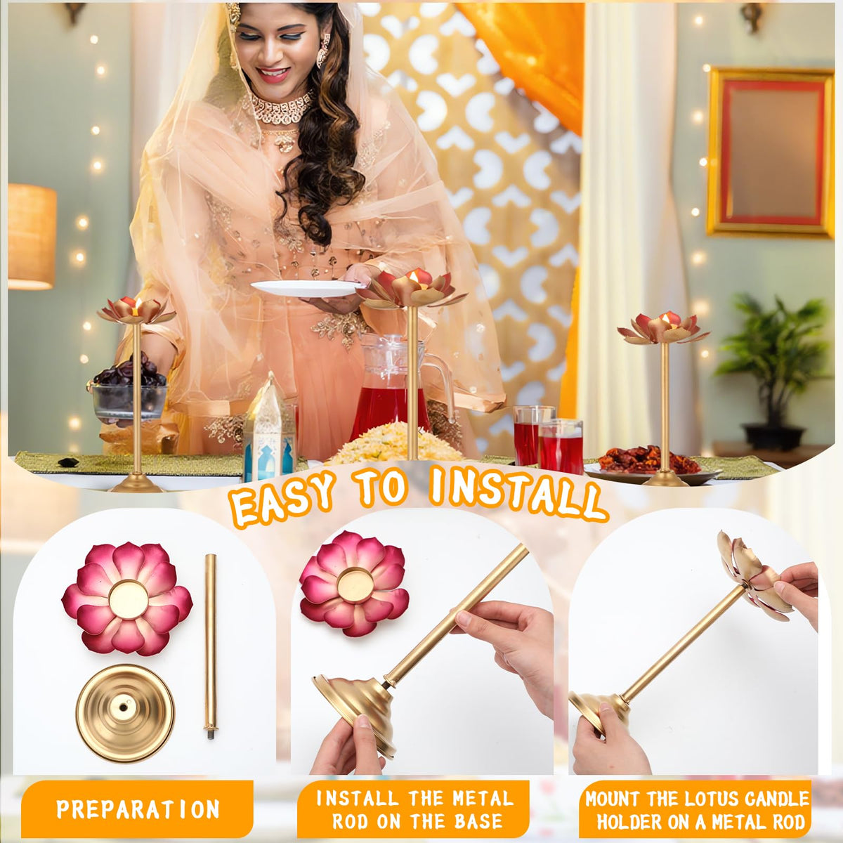 3 Pcs Diwali Lotus Shaped Candle Holder for Indian Diwali Pooja (Lotus)