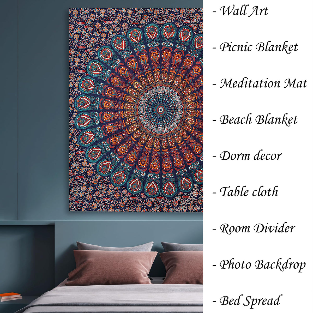 Handmade Cotton Peacock Mandala Tapestry (40"L x 30"W / Golden Blue)