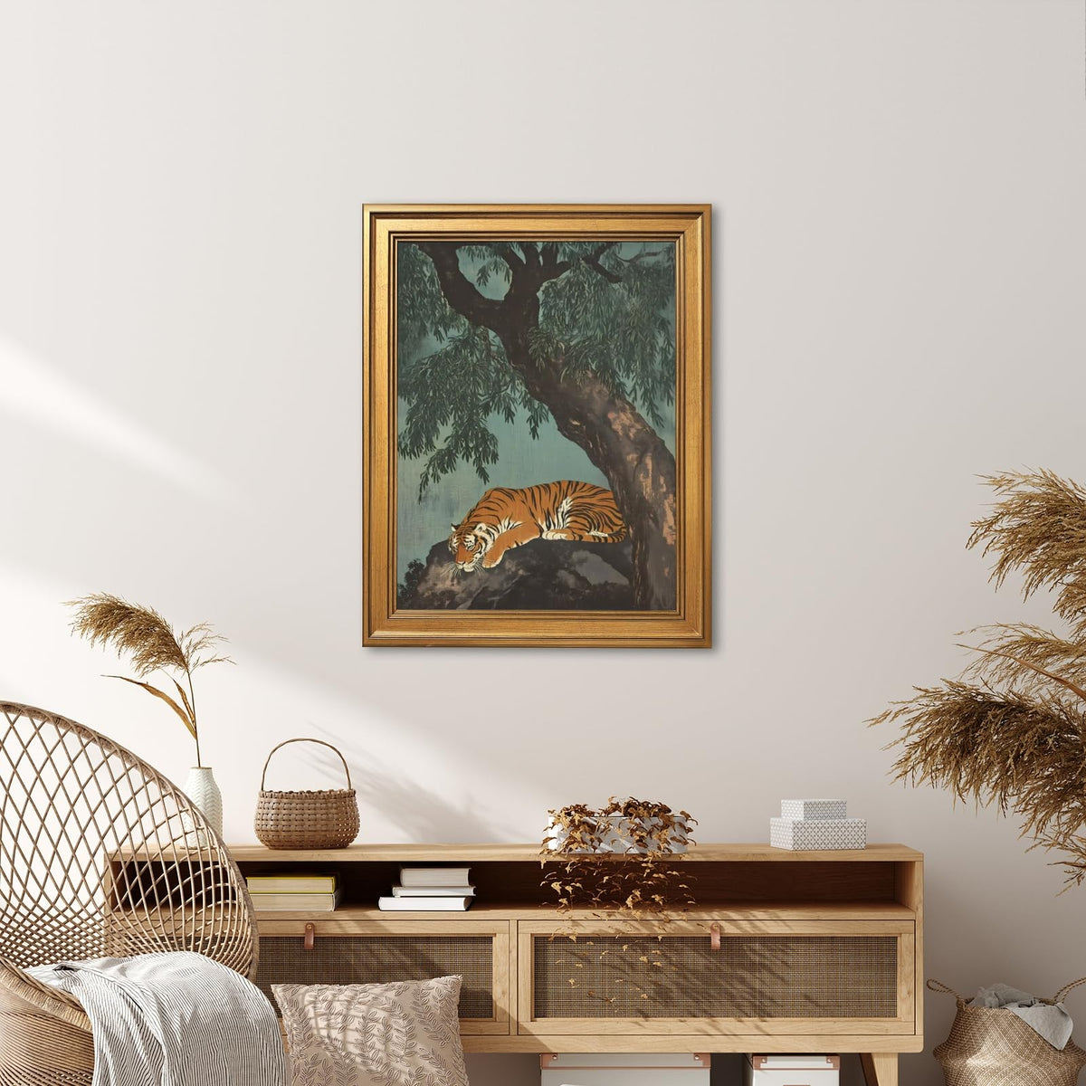 Gold Framed Vintage Tiger Wall Art Prints Retro Oriental Landscape Poster Asian Style Wildlife Canvas Painting Lazy Zen Tiger Under Ancient Tree Picture Artwork for Bedroom Home Decor 24x36inch (24"L x 36"W / Sleeping Tiger)