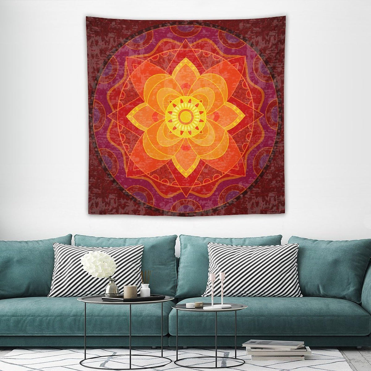 Red Mandala Tapestry Wall Hanging Bright Circular Ethnic Pattern Native Indian Ornament Tapestries Home Decor for Living Room Bedroom Kitchen Dorm 60"x60" (60"L x 60"W / Mandala-9)