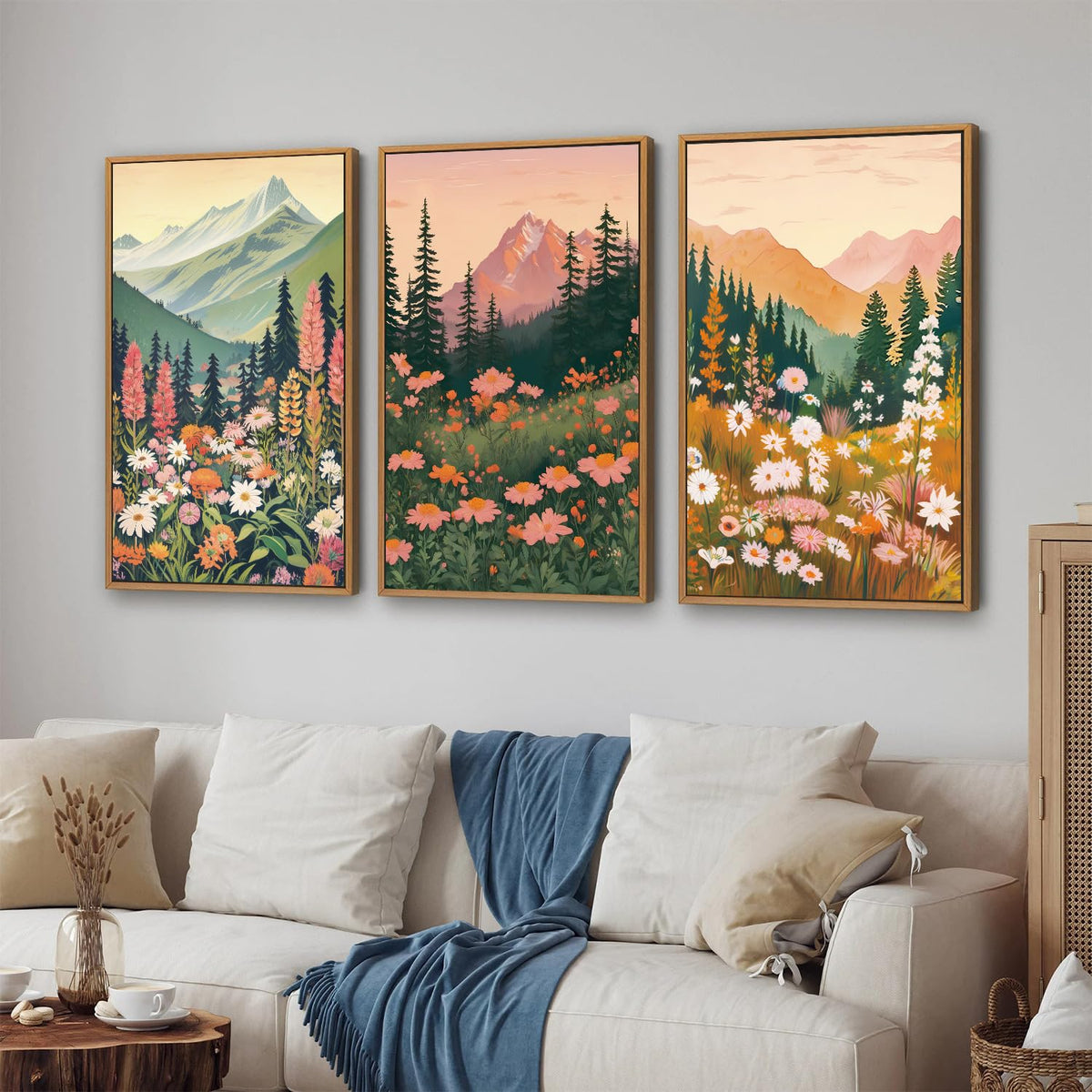 Mountain Wildflower Framed Canvas Wall Art Set (Boho Nature Flowers / 36"L x 24"W)