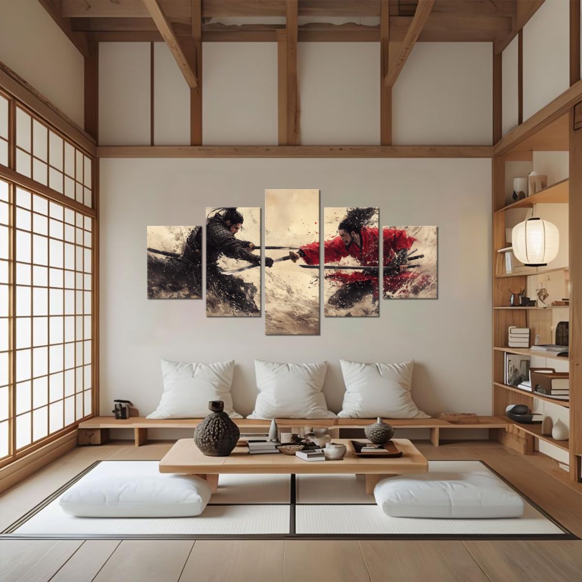 Red and Black Japanese Samurai Wall Art Oriental Asian Bushido Wall Decor Warrior Figure Canvas Pictures Paintings Prints Artwork Decorations for Bedroom Living Room Office Framed Gifts 5 Piece (50"Wx24"H / Samurai 5P-12)