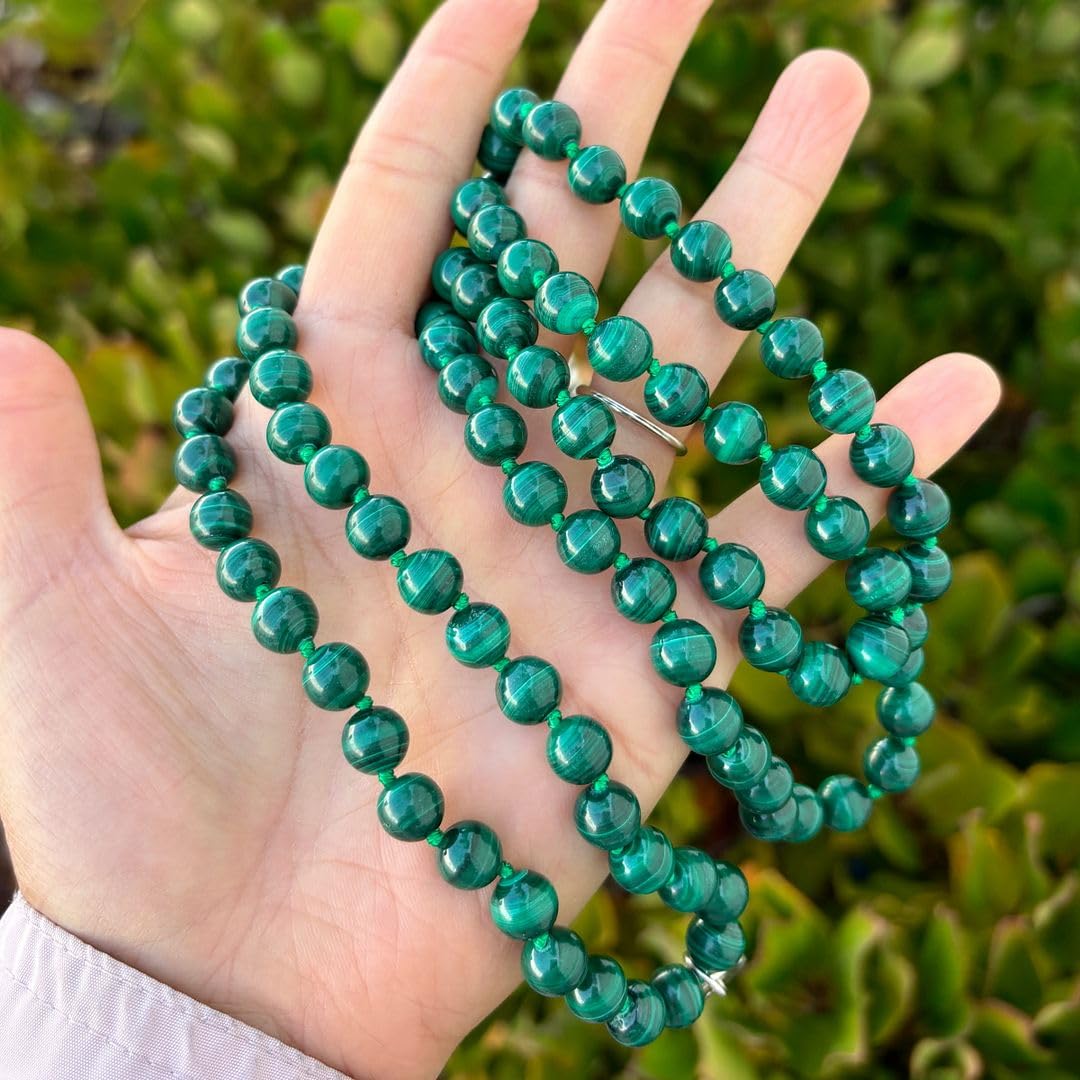 Real 108 Mala Beads 8mm Green Malachite Stone Beaded Necklace (Malachite)