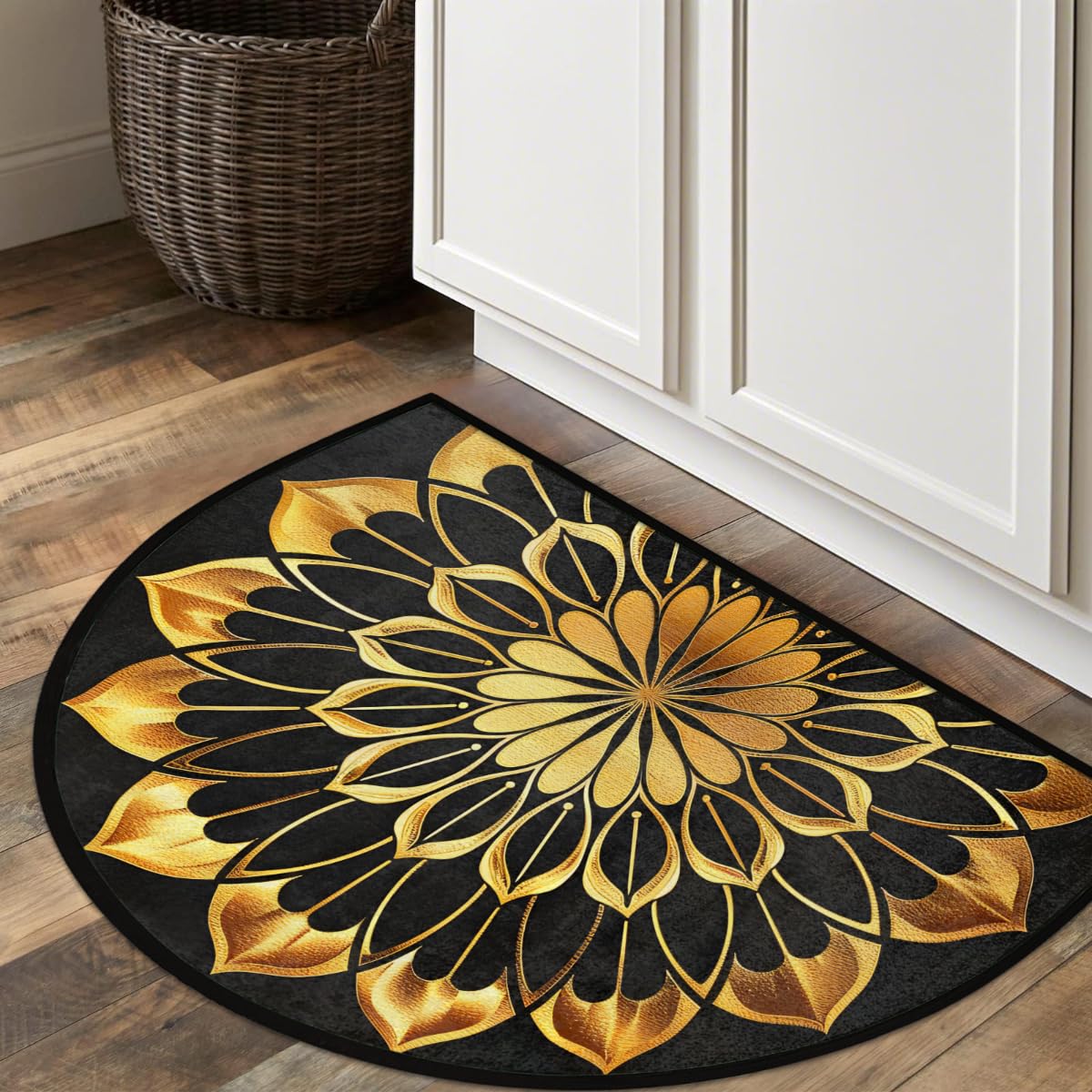 Half Round Doormat Mandala Ethnic Gold Florals Non Slip Half Circle Area Rugs Indoor Washable Half Moon Rug Semi Circle Bathroom Runner Mat Entrance Floor Carpet for Kithen Bedroom Fireplace Decor (C 07)