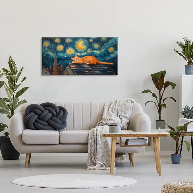 Navy Blue Starry Night Orange Cat Wall Art for Living Room Canvas Painting Prints Abstract Sleep Dream Sky Picture Vintage Artwork Office Bedroom Kids Room Decor Large (46L" x 23W" / Multi Colors Wall Art(k829))