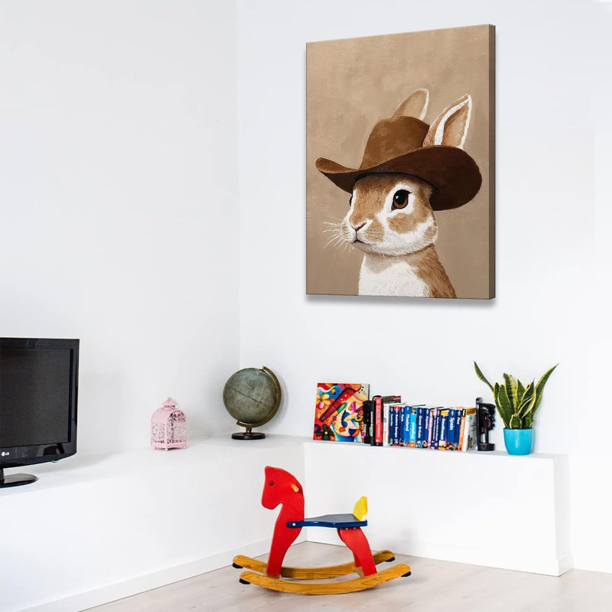 Bunny cowboy canvas wall art Brown western wall decor picture western nursery Poster Print Bunny Neutral Animal Painting Artwork for bathroom bedroom home decoration (Cowboy Bunny / 24"L x 16"W)