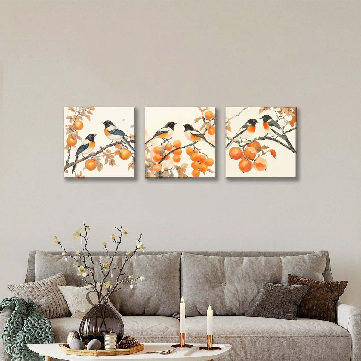 3PCS Vintage Style Watercolor Birds Orange Fruits Canvas Wall Art Botanical Autum Natural Scene Artwork for Living Room Bedroom Office Calming Wildlife and Fruit Branch Framed Canvas Prints (Birds Orange Fruits / 16x16 inches (3 pieces))