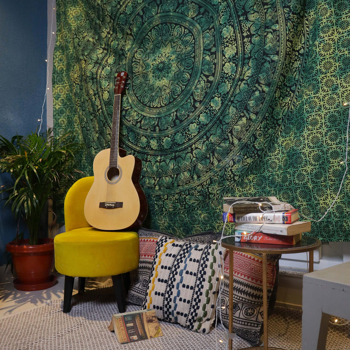 Cotton Mandala Tapestry (Green / 54"L x 84"W)