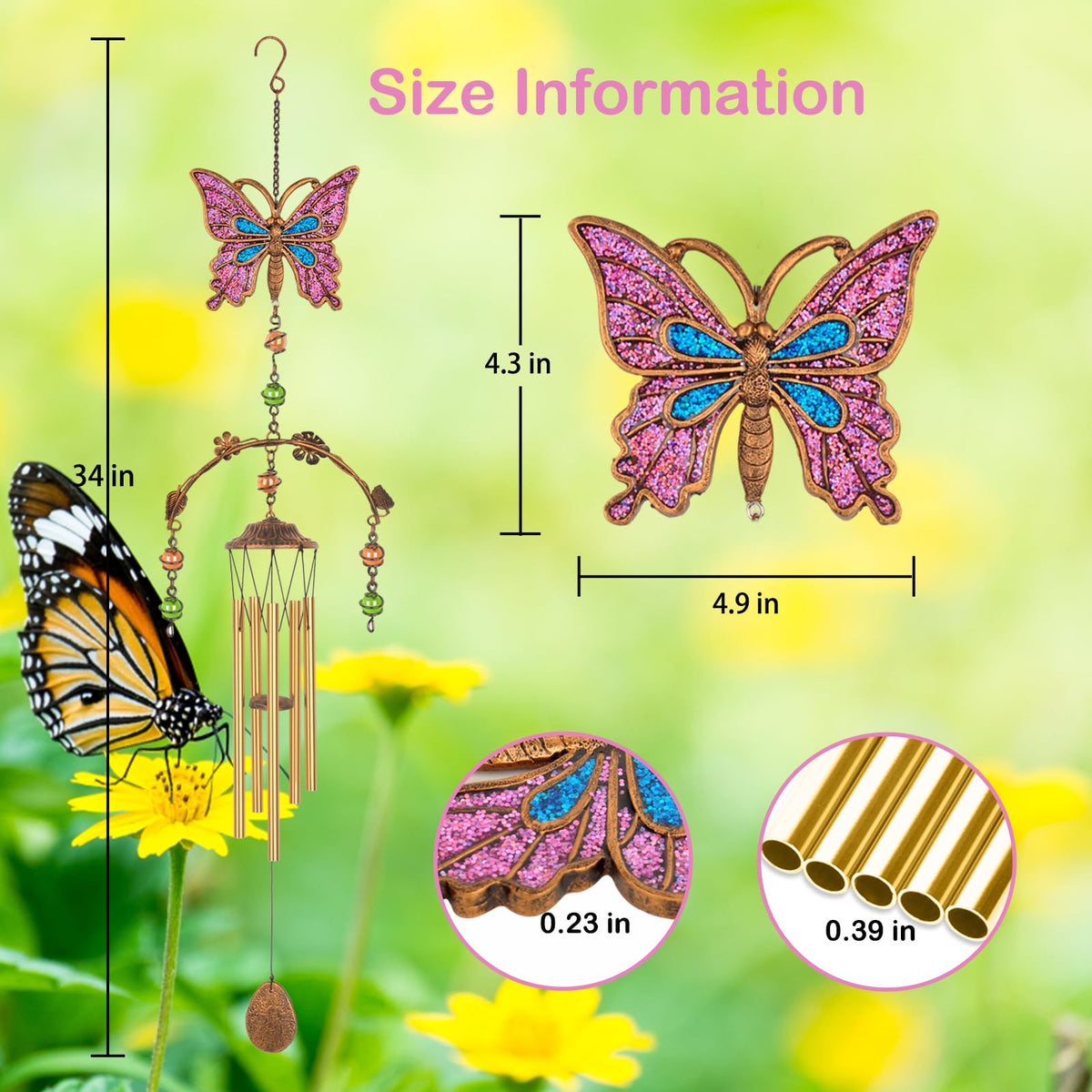 Butterfly Wind Chimes for Outside (Pink Butterfly)