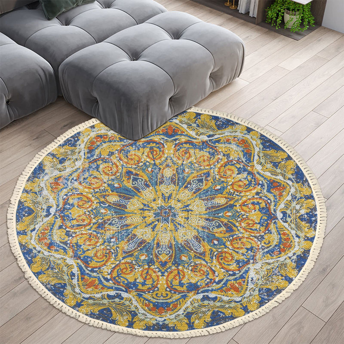 Boho 4Ft Round Washable Rug for Bedroom Farmhouse Hallway Entryway (Yellow / 4' (Round))