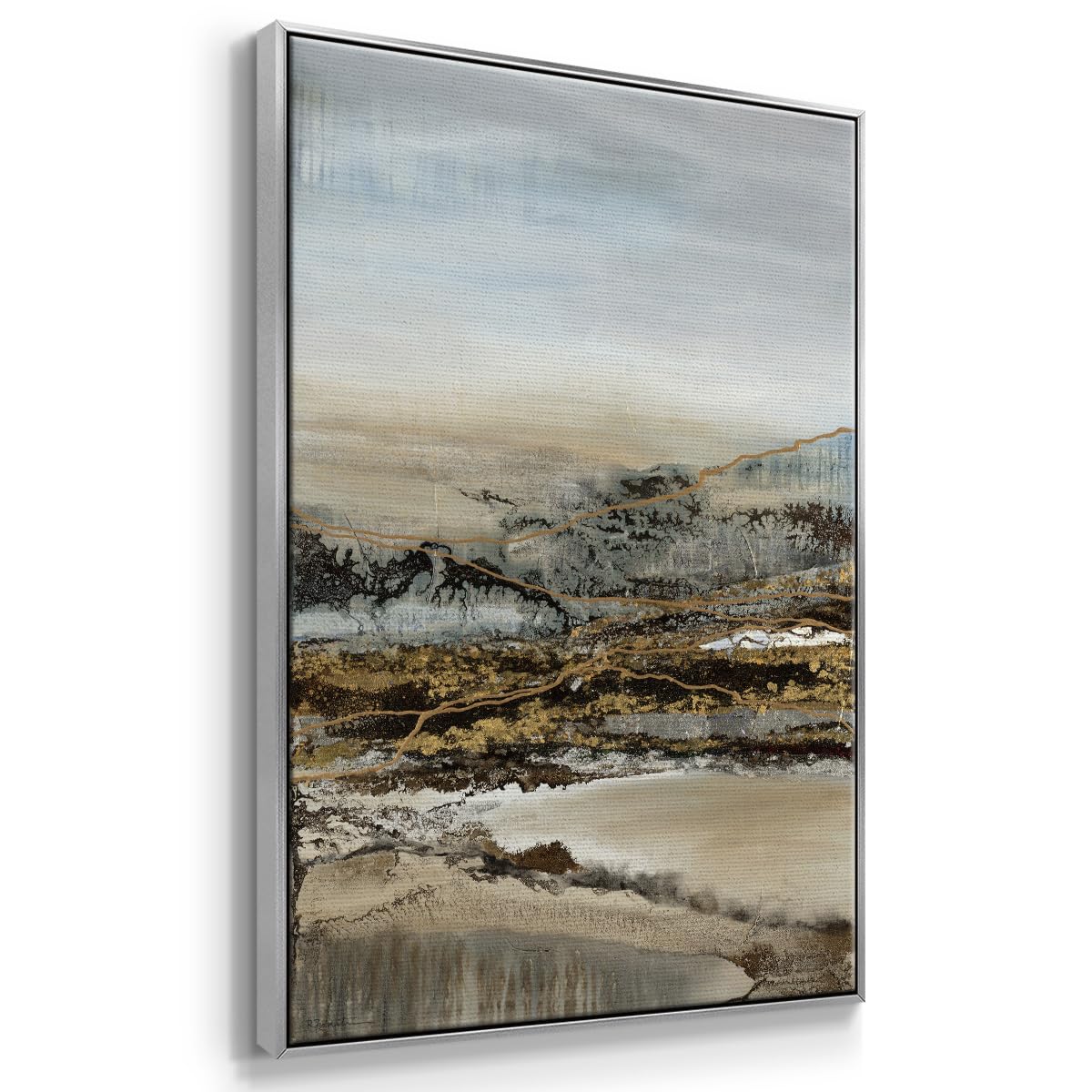 Abstract Wall Art Silver Floater Frame Prints Annual Journey through the Mountains Path Canvas Paintings for Office Bedroom Kitchen Walls (37"L x 25"W / Annual Journey)