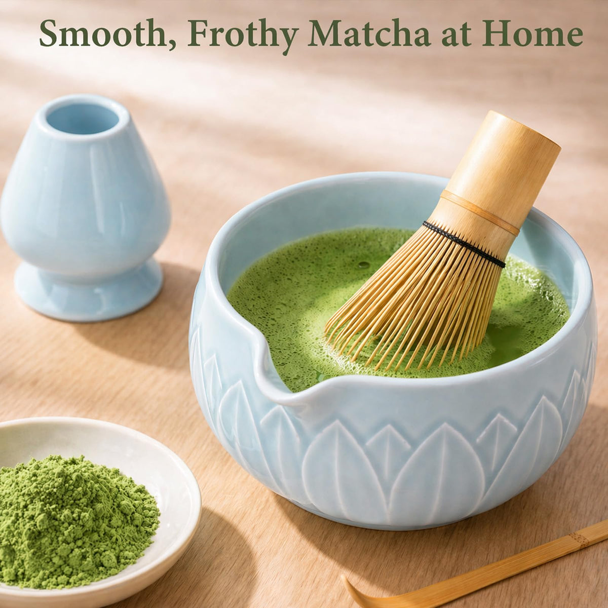 Matcha Whisk Set with Ceramic Bowl & Bamboo Chasen (Leaf Blue)