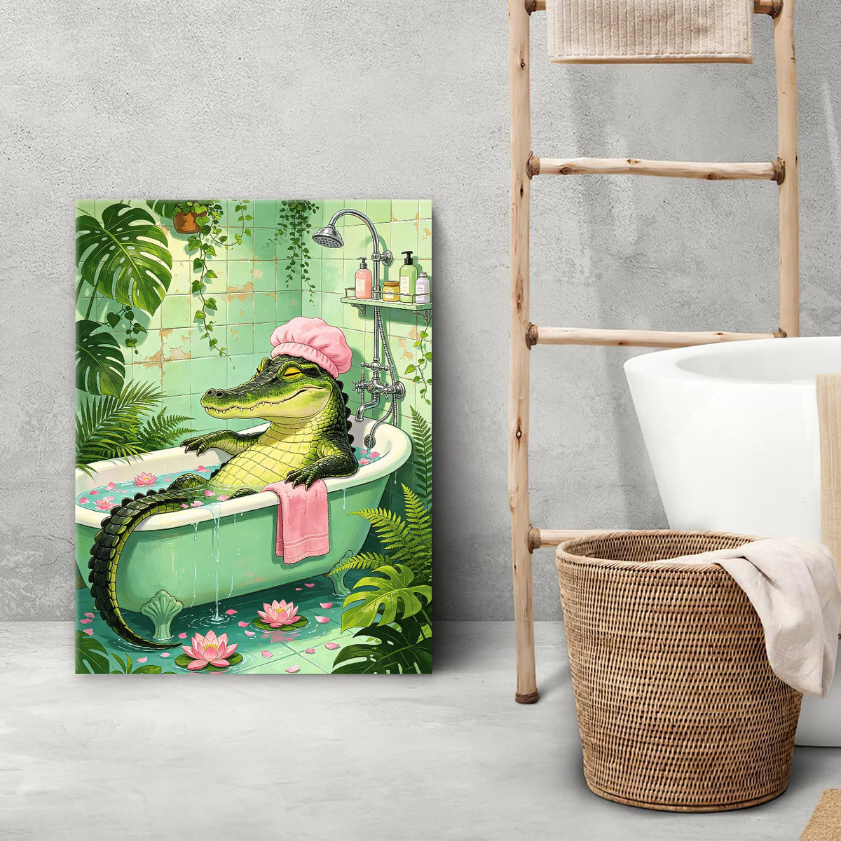 Bathing Crocodile Canvas Wall Art Funny Bathroom Framed ArtWork 20"x24" (Bathing Crocodile / 24"L x 20"W)