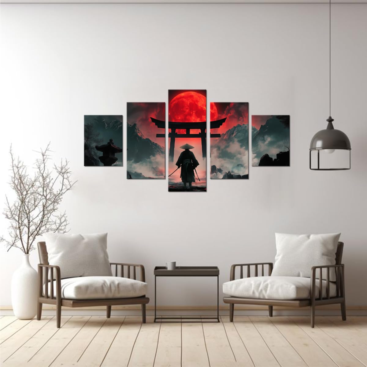 Japan Wall Art Samurai Canvas Artwork Asian Style Pictures Japanese Bushido Posters Prints Paintings Full Moon Ninja Wall Decor for Living Room Bedroom Home Decoration Framed 5 Pcs 60''W x 40''H (60"Wx40"H / Samurai 5P-15)
