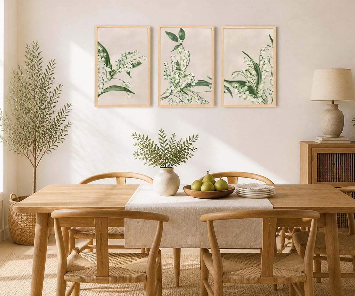 Japandi Floral Wall Art Set of 3 Neutral Green Botanical Print (Lily Of The Valley / 16 X 24 Inches)