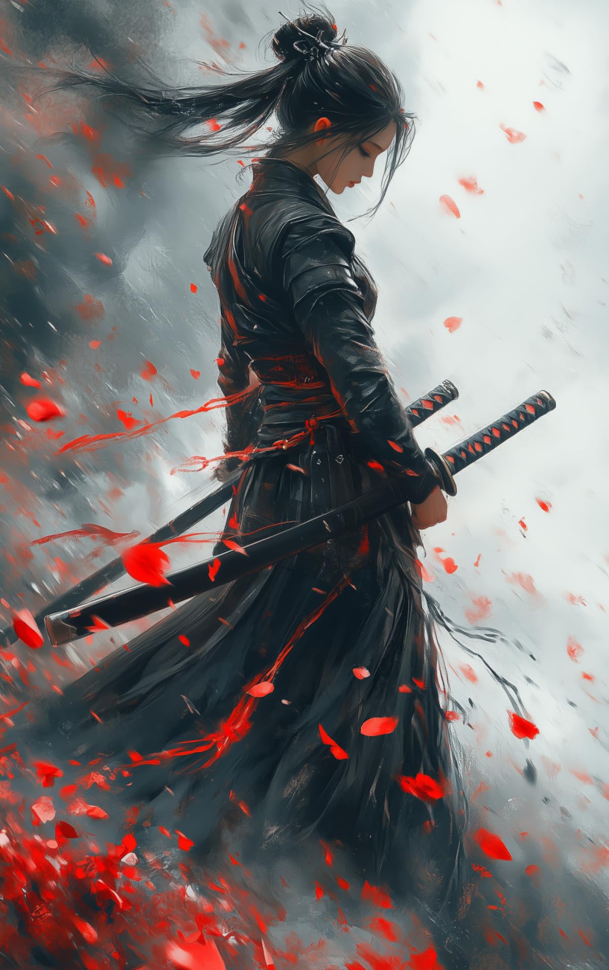 Windblown Female Samurai Ninja Canvas Wall Art (18"L x 24"W / Samurai3)