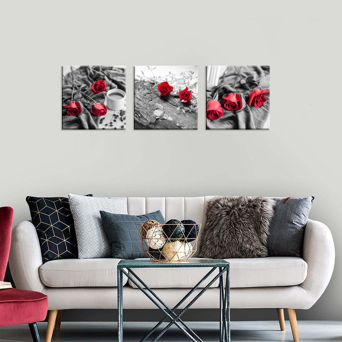 Canvas Print 3 Pcs Black and White Red Rose Canvas Art Painting Abstract Wall Art Decorations Flower Picture on Canvas for Home Decor Stretched and Framed (20 x 20 inches (3-Piece Set) / B&W Rose)