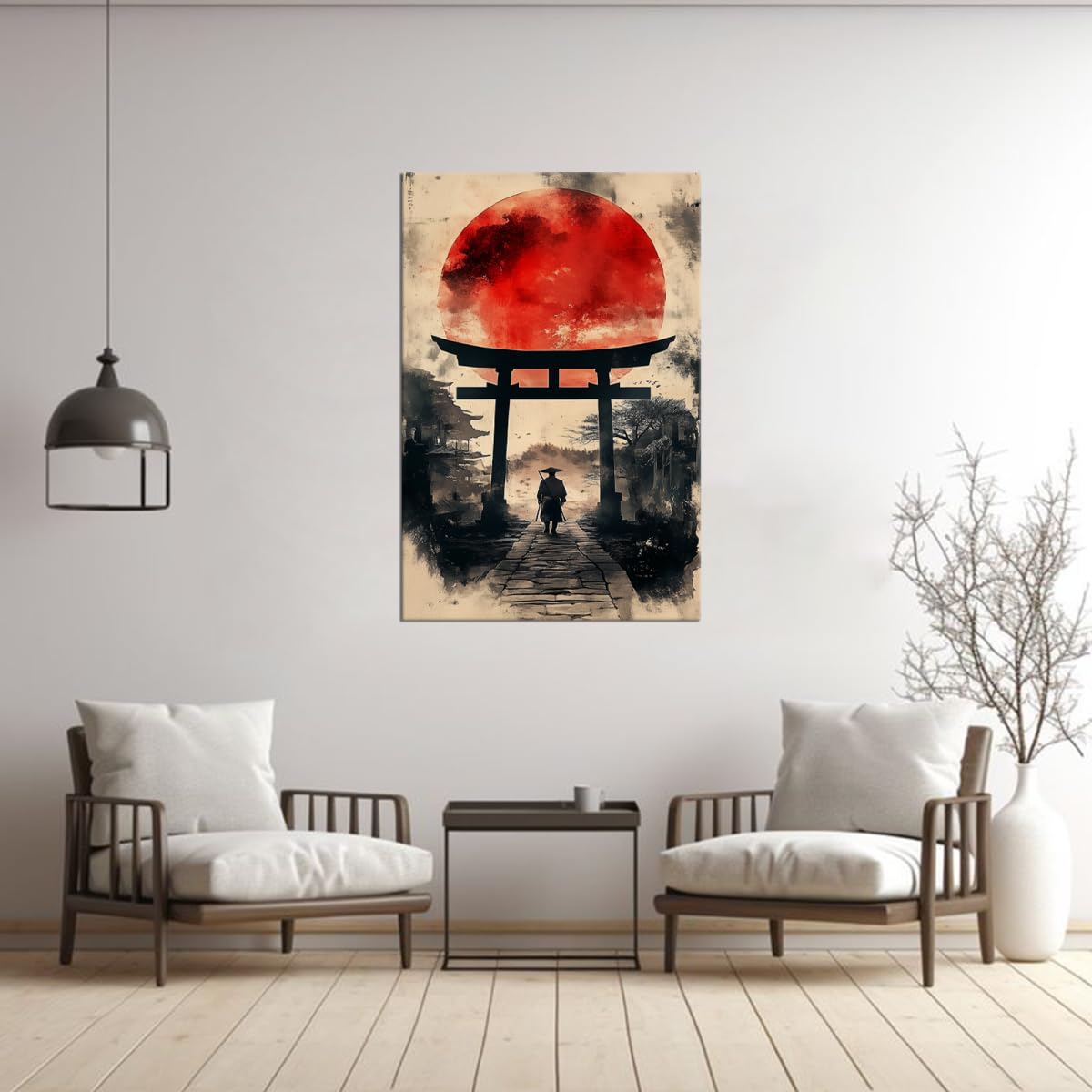 28x44 Inch Ink Wash Canvas Framed Wall Art (28"L x 44"W / Samurai16)