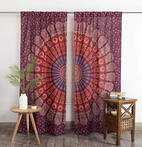 Indian Hippie Bohemian Beautiful Peacock Mandala Curtain Panels Maroon (Maroon / 25"W x 74"L (Pack of 2))