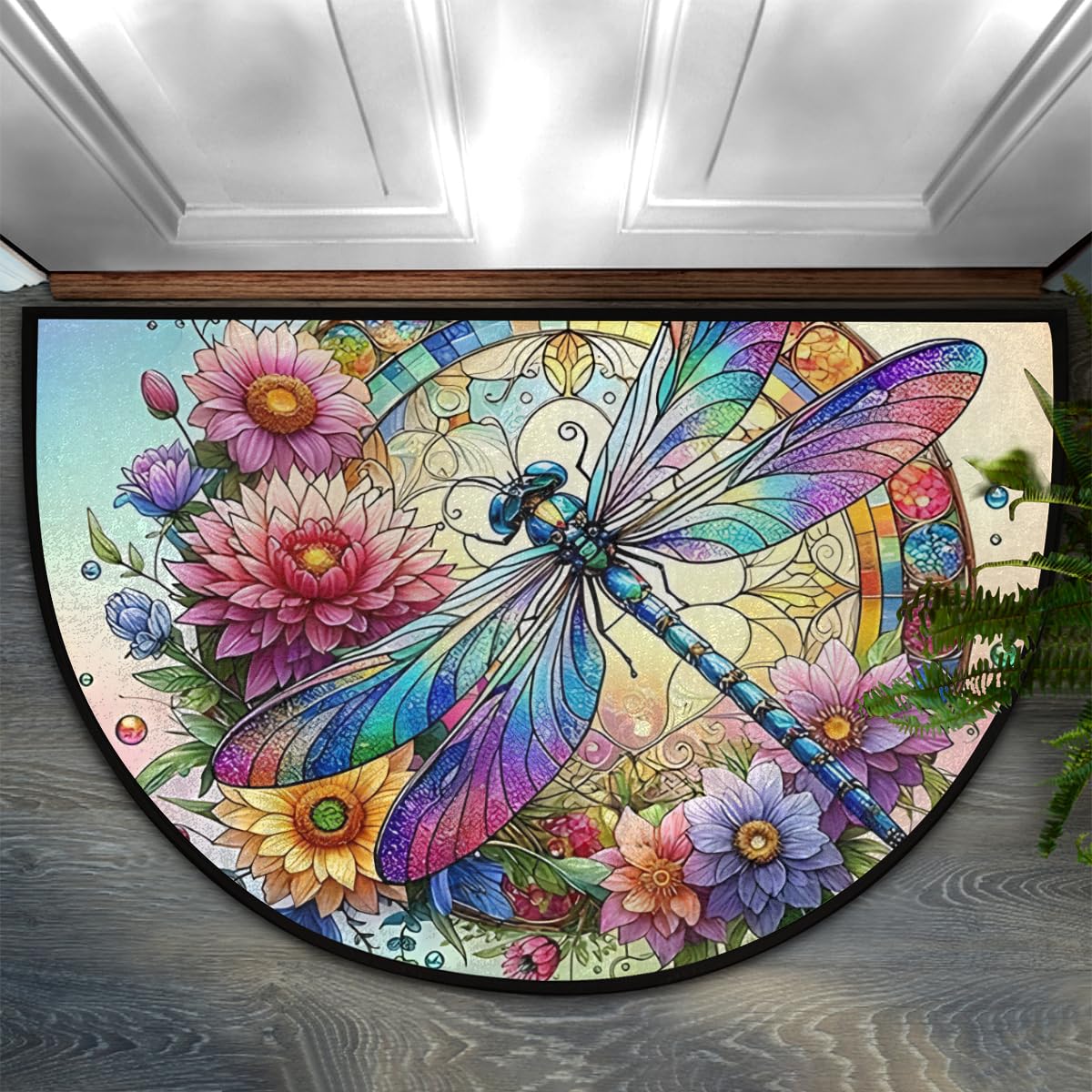 Colorful Dragonfly Flower Half Round Mat Half Moon Door Rug Washable Durable Semi Circle Carpet Floor mats for Indoor Outdoor Bathroom Kitchen Patio Hearth Rug Laundry Room Home Decoration (D 020)