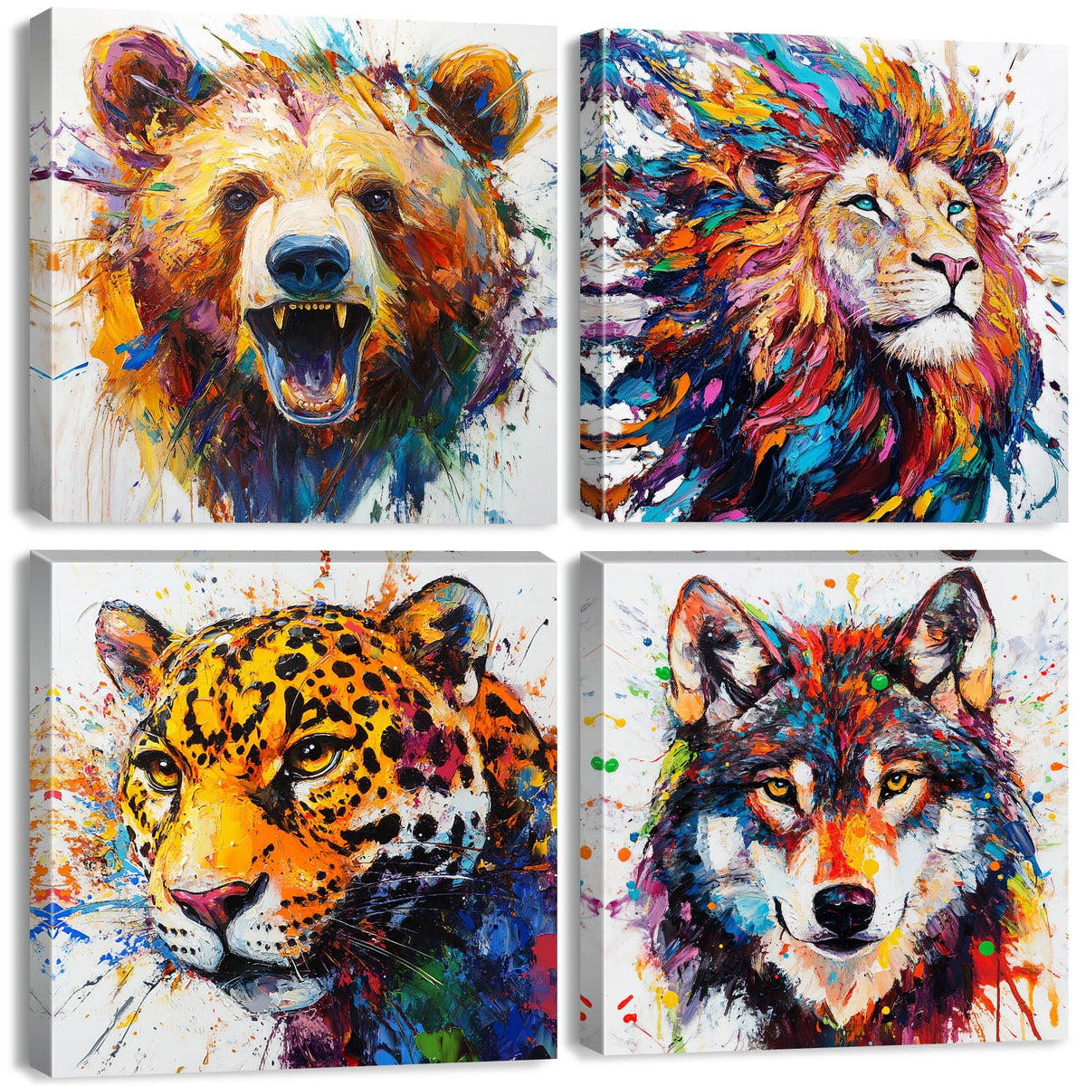 Animal Canvas Wall Art Boys Room Decor Abstract Colourful Lion Wolf Bear Tiger Pictures Kids Bedroom Watercolor Graffiti Animals Posters Nursery Paintings Toddler Artwork Framed Decorations 12x12”4Pcs (12"L x 12"W / Animal)