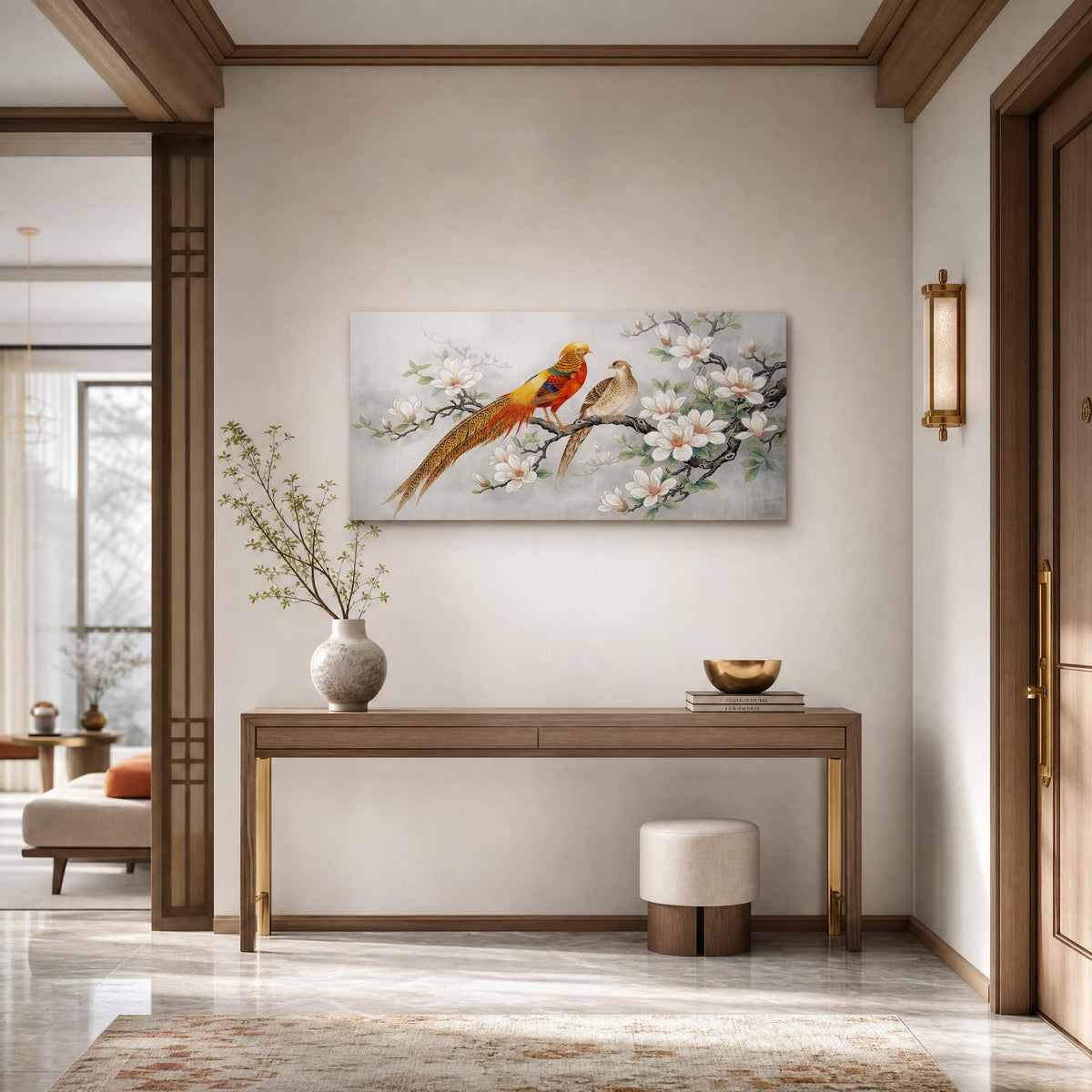 Oriental Golden Pheasant Canvas Wall Art White Magnolia Chinoiserie Painting Flat Print Gallery Wrapped Asian Bird Artwork for Living Room Bedroom Bathroom Decor (Wildlife / White Golden Pheasant Couple 26 / 40"L x 20"W)