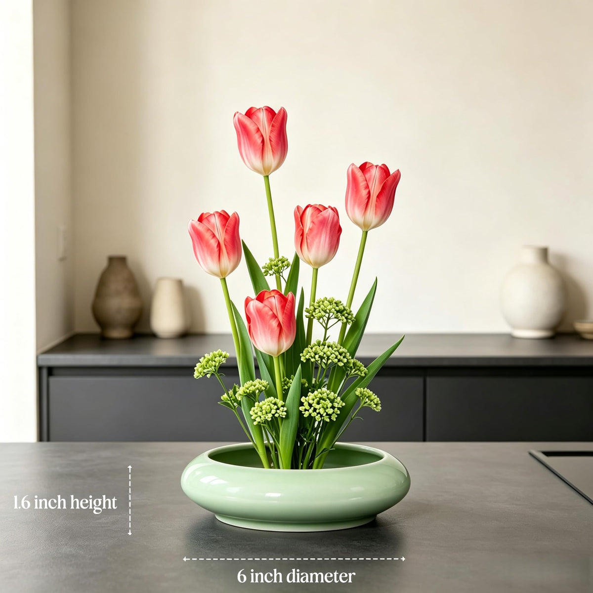 Ikebana vase kit Ceramic Flower Frog Set Kenzan Flower Shallow Bowl Flower Arrangement Kit Zen Decor for Home Office (Light Green)