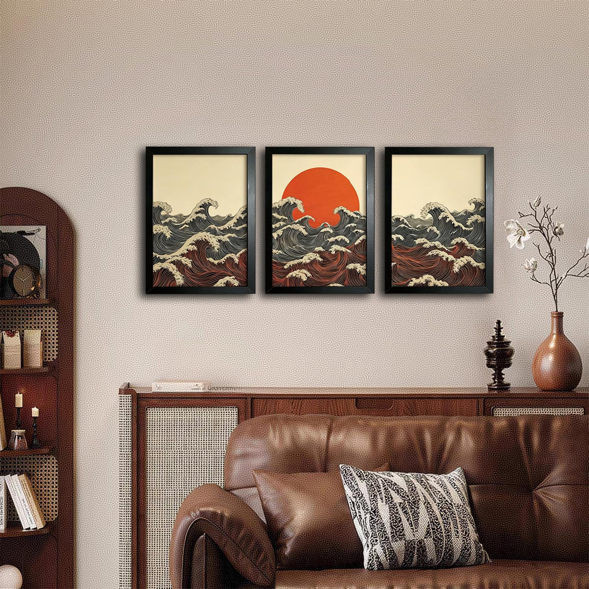 Framed 3D 3Pcs Japanese Canvas Wall Art (red sun / 24"L x 16"W)