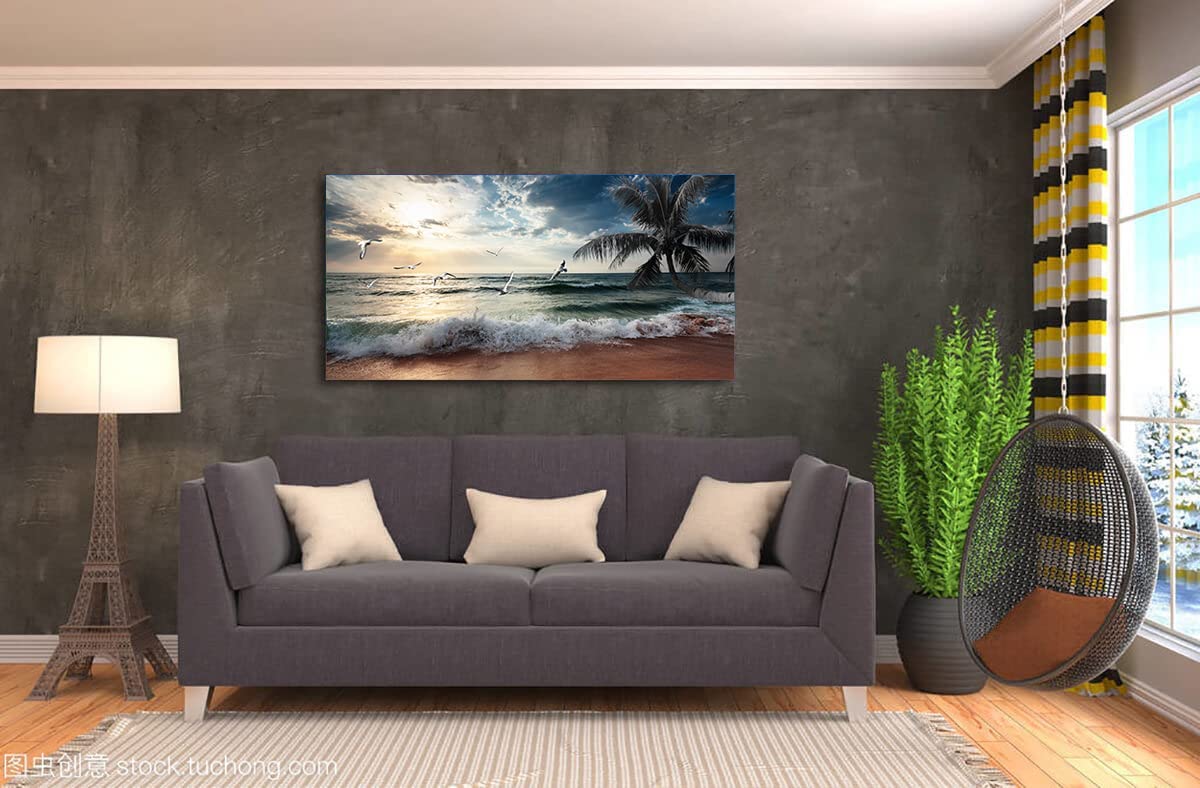 Beach Wall Art Picture for Living Room Ocean Sunset Canvas Wall Decor Paintings Sea Poster Seascape Print Art Palm Artwork for Wall Art Bedroom Office Decoration Framed (Beach Wall Art / 40"L x 20"W)