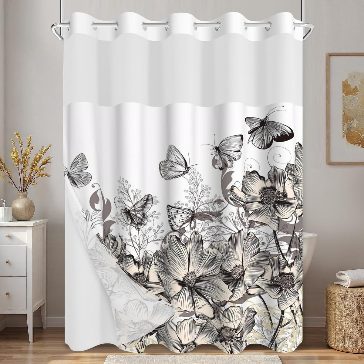 Butterfly Floral Shower Curtain with Snap in Liner (Floral-8)