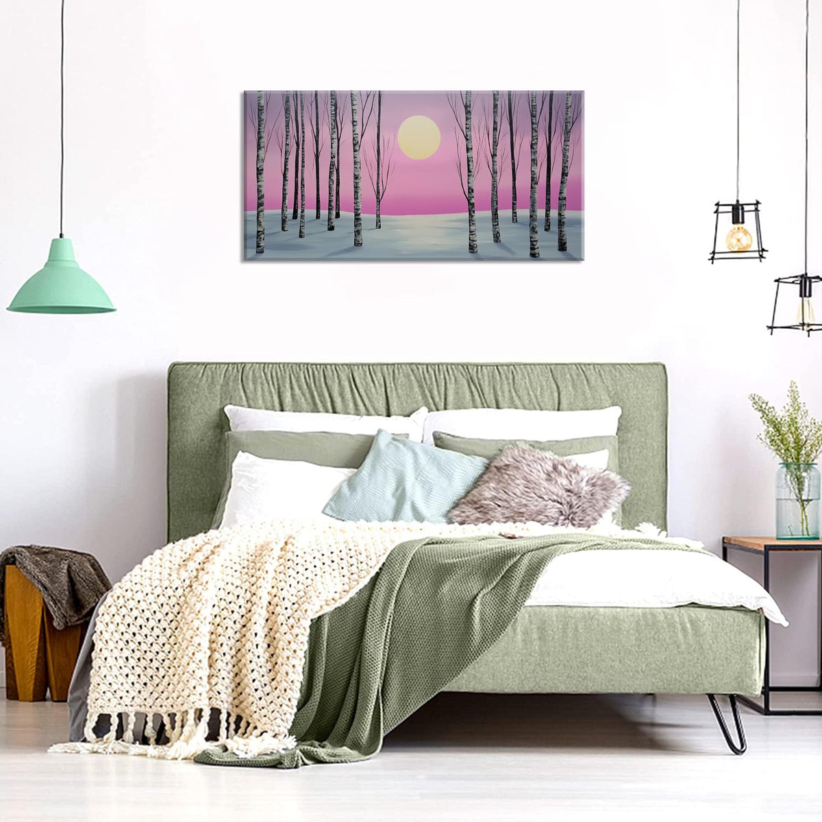 Pink Birch Forest Wall Art for Living Room Office Minimalist Landscape Moonlit Wilderness Art Painting Prints Contemporary Canvas Artwork Dining Bedroom Decor (Contemporary / Pink Gold Birch Forest Wall Art / 40"L x 20"W)