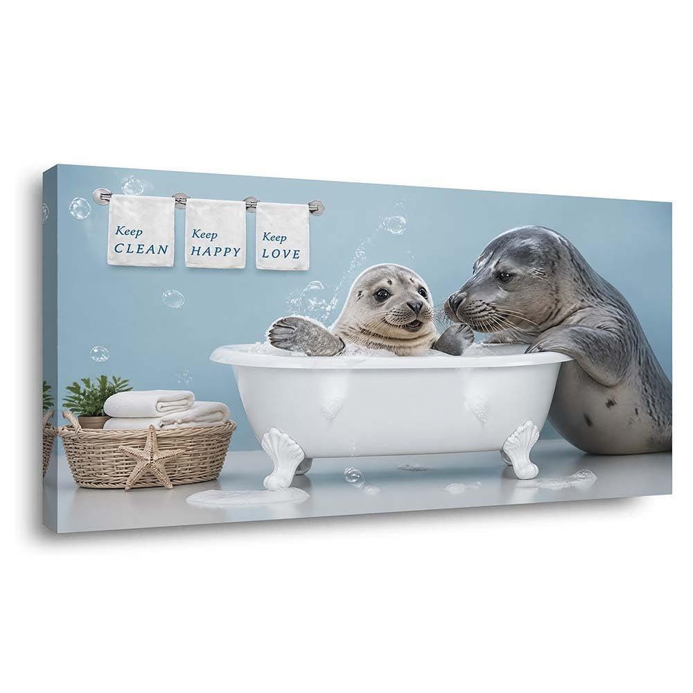 Cute Baby Seal Bubble Bath Canvas Wall Art Funny Animal Bathtub Painting Flat Print Gallery Wrapped Artwork for Living Room Bedroom Bathroom Decor (Wildlife / White Baby Seals Bathtub 22 / 58"L x 28"W)