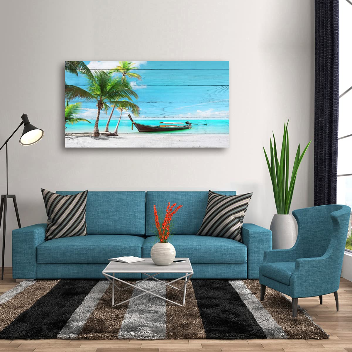 Beach Picture Canvas Prints Coconut Tree Ocean Wall Art Home Decor Natural Seascape Paintings for Living Room Bathroom Bedroom Office Kitchen Decorations Wooden Framed Landscape Artwork 28x57 inchs (57"L x 28"W / Blue Ocean and Green Coconut Trees)