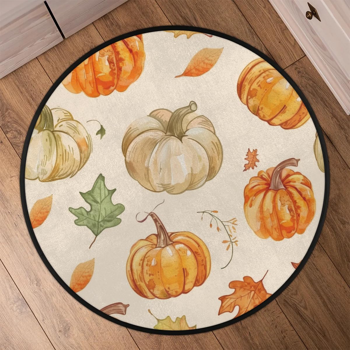 Autumn Pumpkin Leaves Round Area Rug 5Ft Thanksgiving Harvest Circle Carpet (5 ft / Pumpkin Leaves)