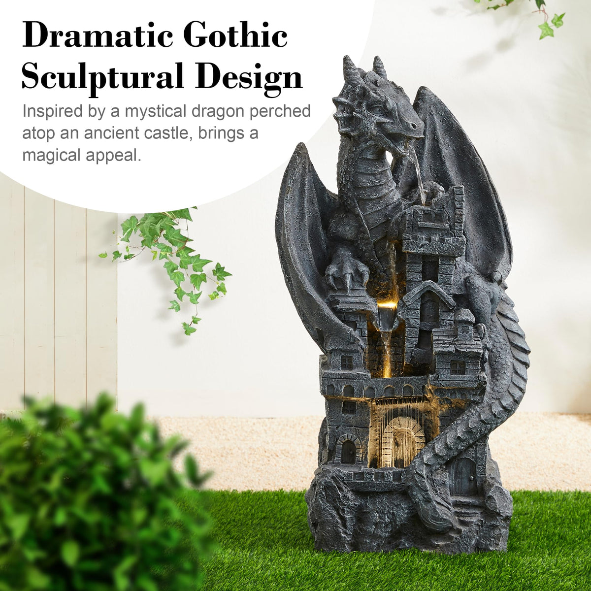 4 Tiered Cascading Outdoor Water Fountain for Garden Patio Yard Mystical Gothic Dragon Water Fountains Outdoor with LED Lights & Pump (Mystical Gothic Dragon Fountain / 36.5"H)
