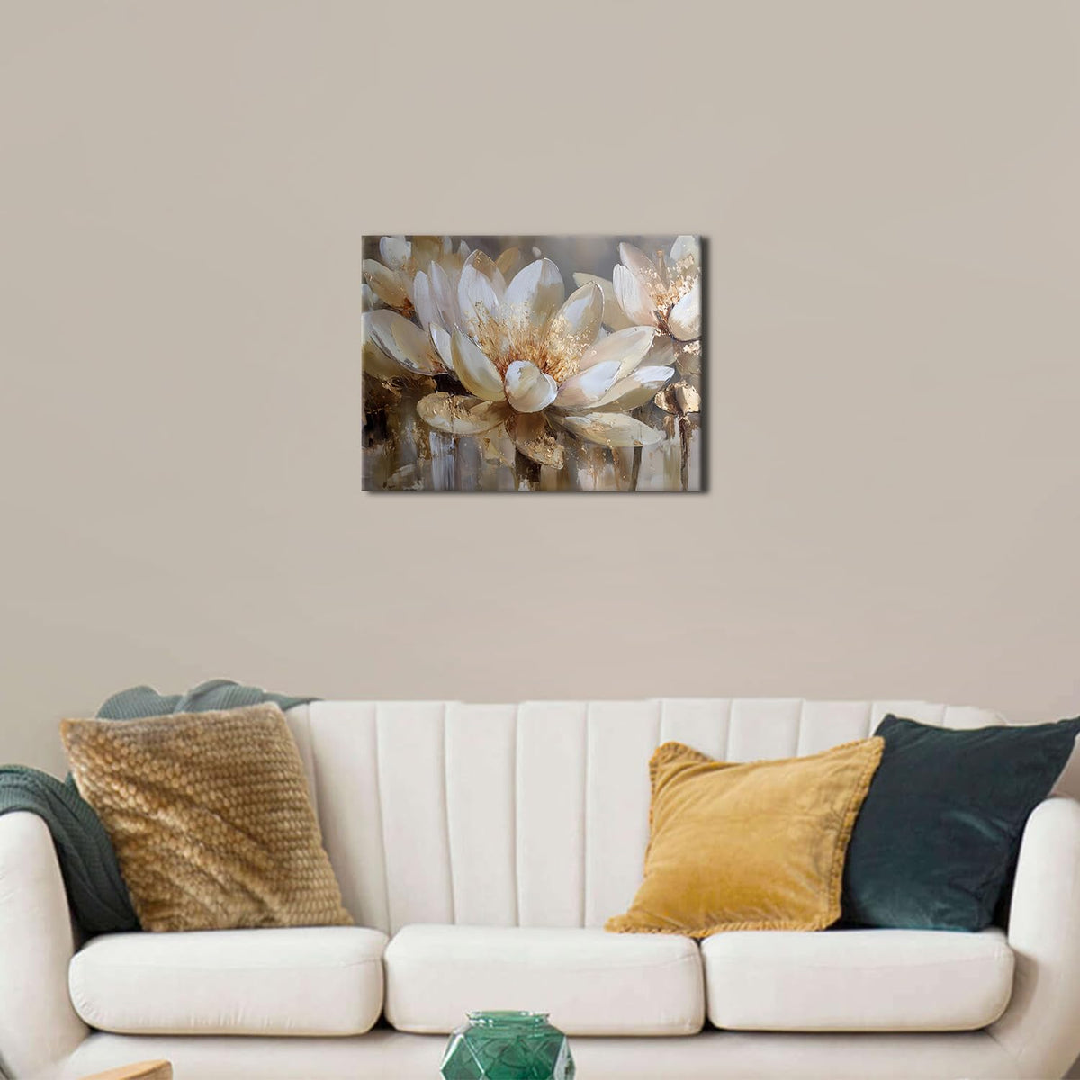Lotus Wall Art Decor White and Gold Flower Canvas Pictures for Spa Yoga Room Zen Meditation Painting Poster Abstract Floral Canvas Prints Calming Spiritual Artwork for Living Room Home Decorations 12x16" (16"L x 12"W / Lotus)