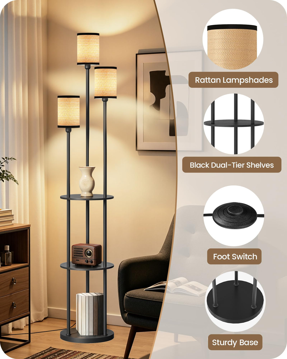 Floor Lamp with Shelves (Black + Yellow)
